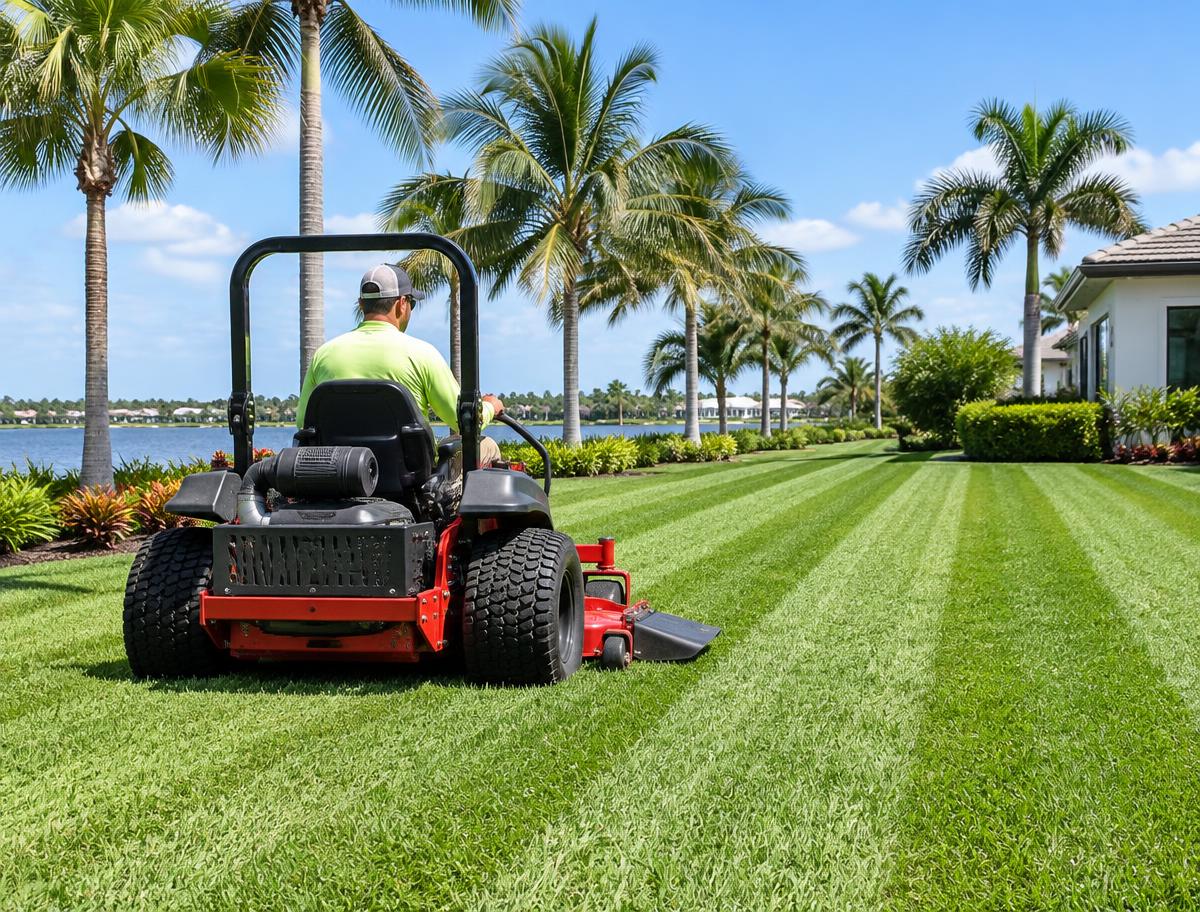 Professional mowing stripes into a Florida lawn
